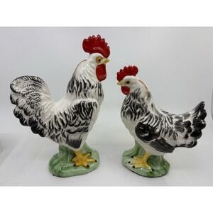 Lefton Vintage Rooster and Hen Chicken Figurines Hand Painted Set Of 2